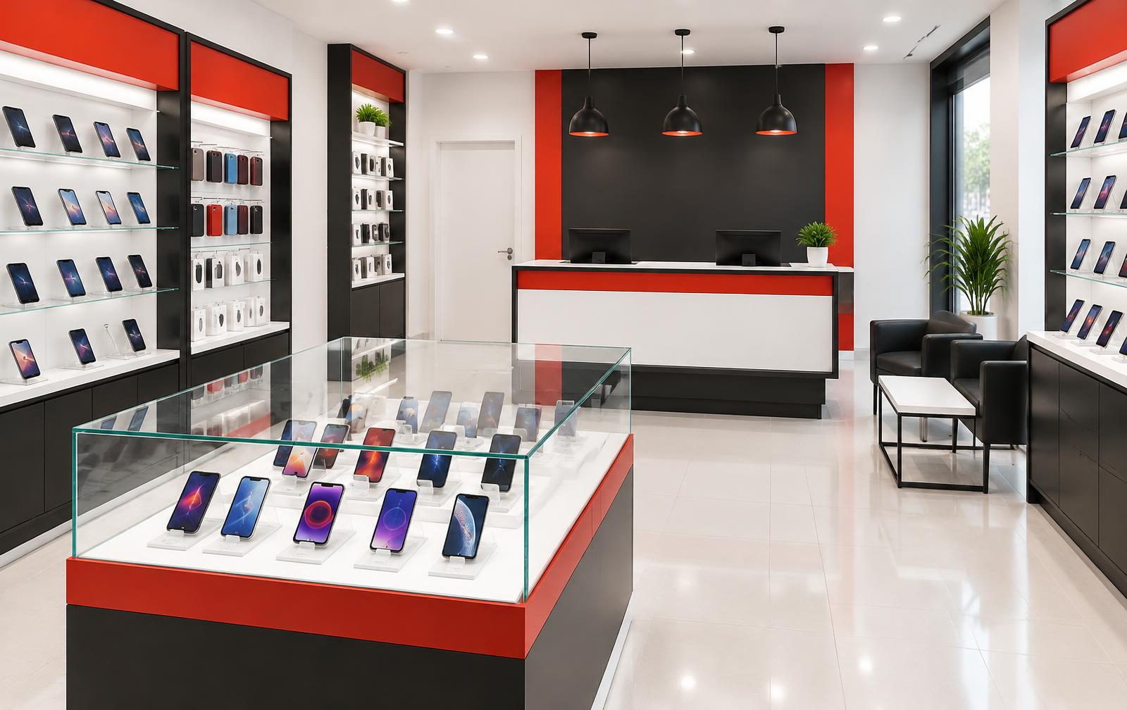Mobile phone shop with phones on display